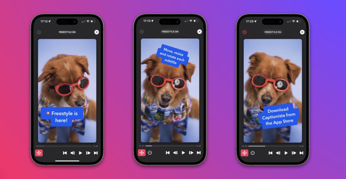 Composite of three iPhones 14 Pro showing screenshots of the app Captionista and its Freestyle feature